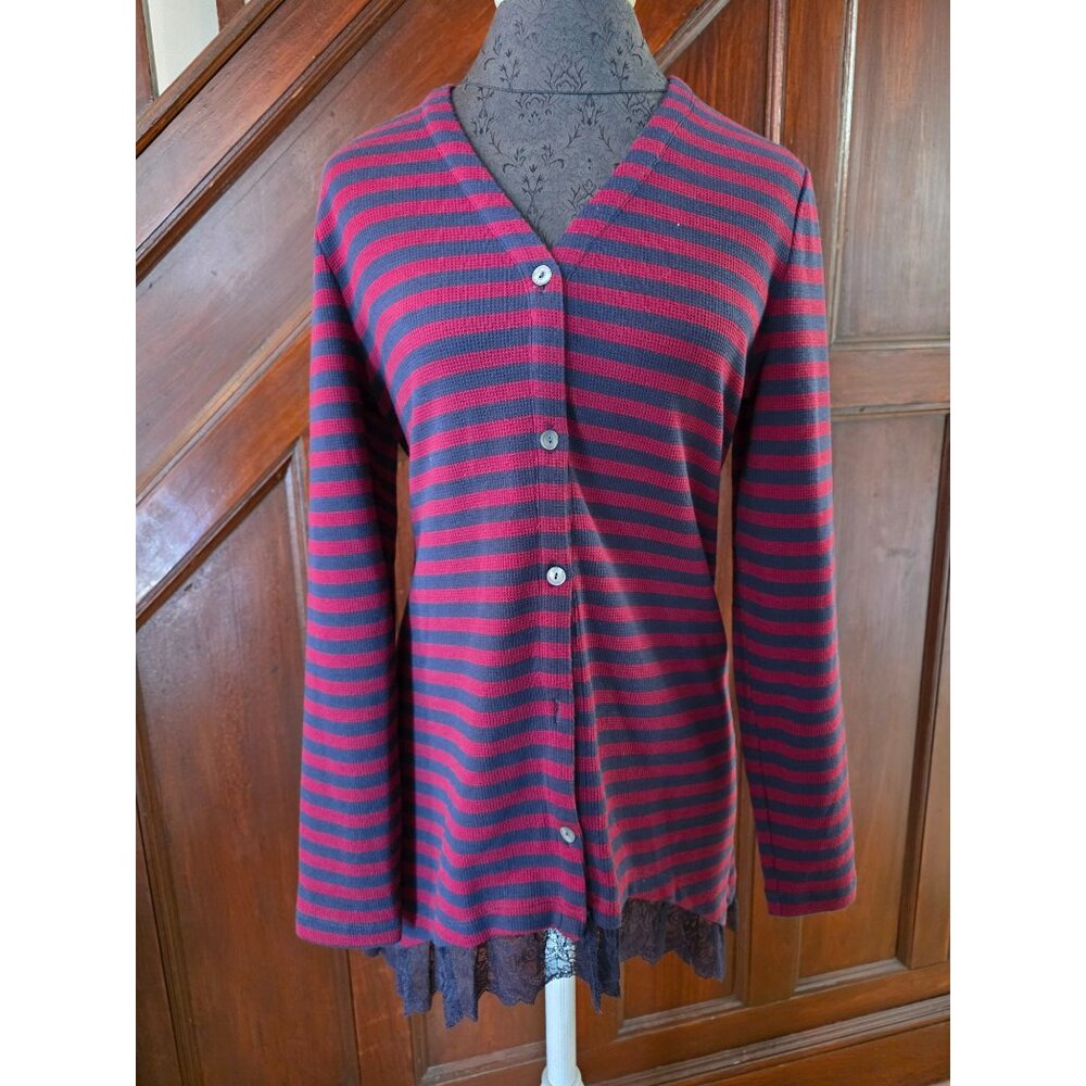 Logo Lori Goldstein Waffle Knit Striped Long Cardigan With Lace Hem Medium
